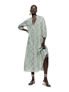 Zara Green Geometric Tiered Midi Dress Sz. S